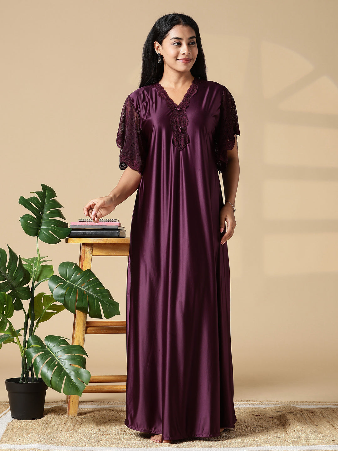 Deep Wine Purple Branded Satin Nighty for Women with Lace