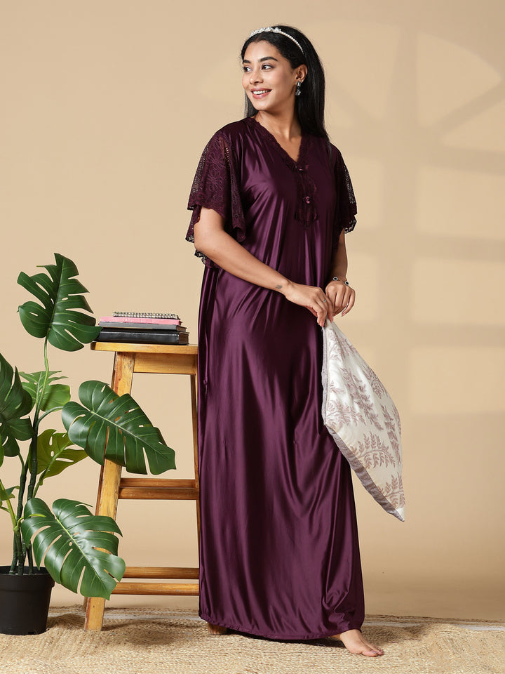 Deep Wine Purple Branded Satin Nighty for Women with Lace