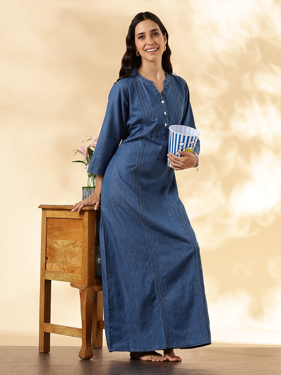 Denim Feel Pure Cotton Nightdress For Women with Pocket