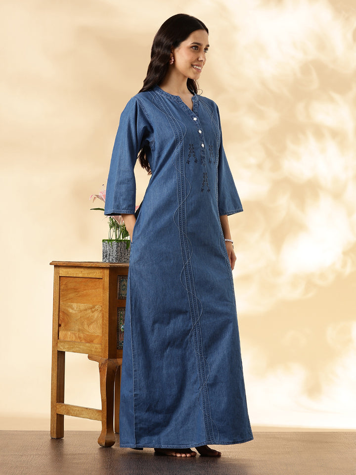 Denim Feel Pure Cotton Nightdress For Women with Pocket