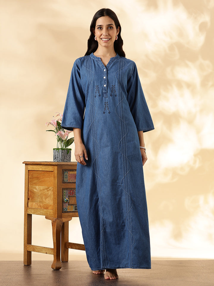 Denim Feel Pure Cotton Nightdress For Women with Pocket