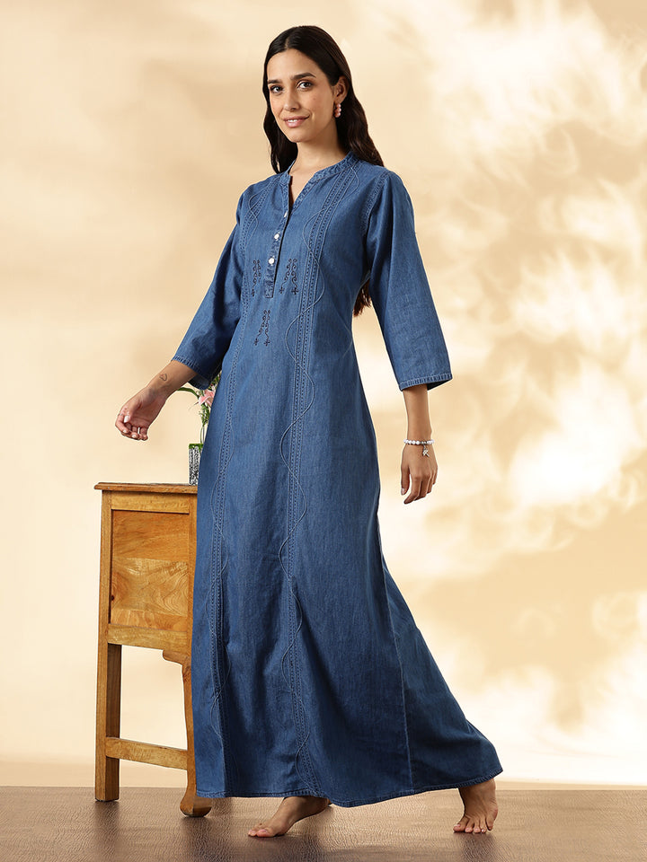 Denim Feel Pure Cotton Nightdress For Women with Pocket