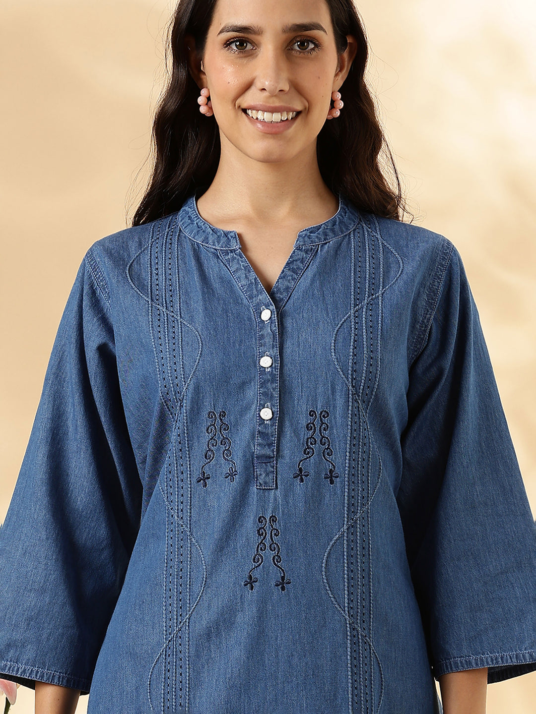 Denim Feel Pure Cotton Nightdress For Women with Pocket