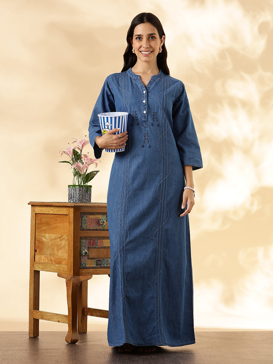 Denim Feel Pure Cotton Nightdress For Women with Pocket