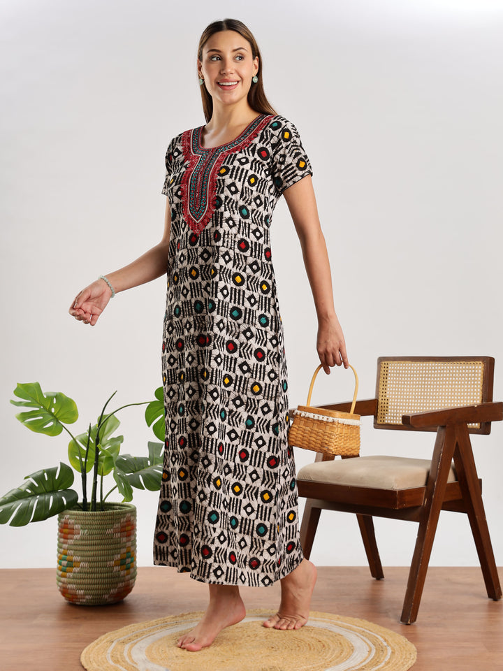 Diamond Batik Print Cotton Night Dress for Women