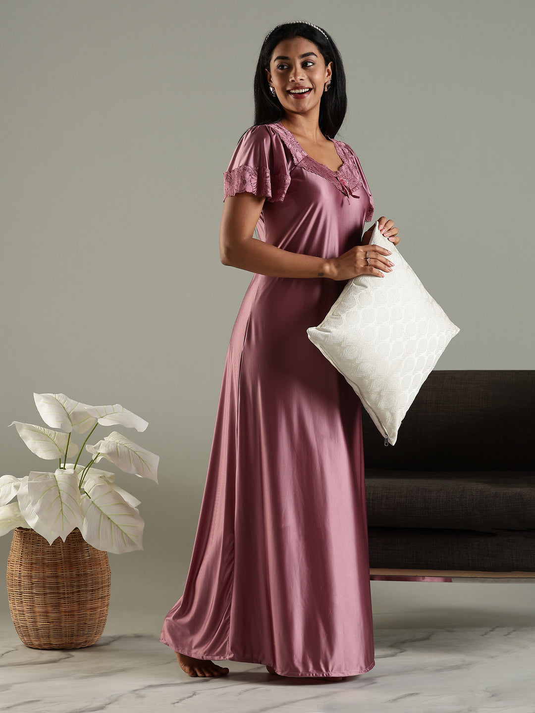 Dusty Rose Classy Satin Nighty for Women with Neckline