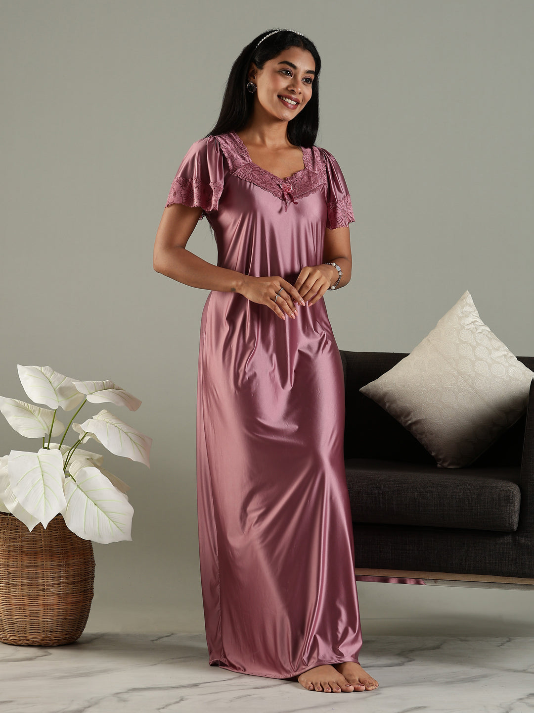 Dusty Rose Classy Satin Nighty for Women with Neckline