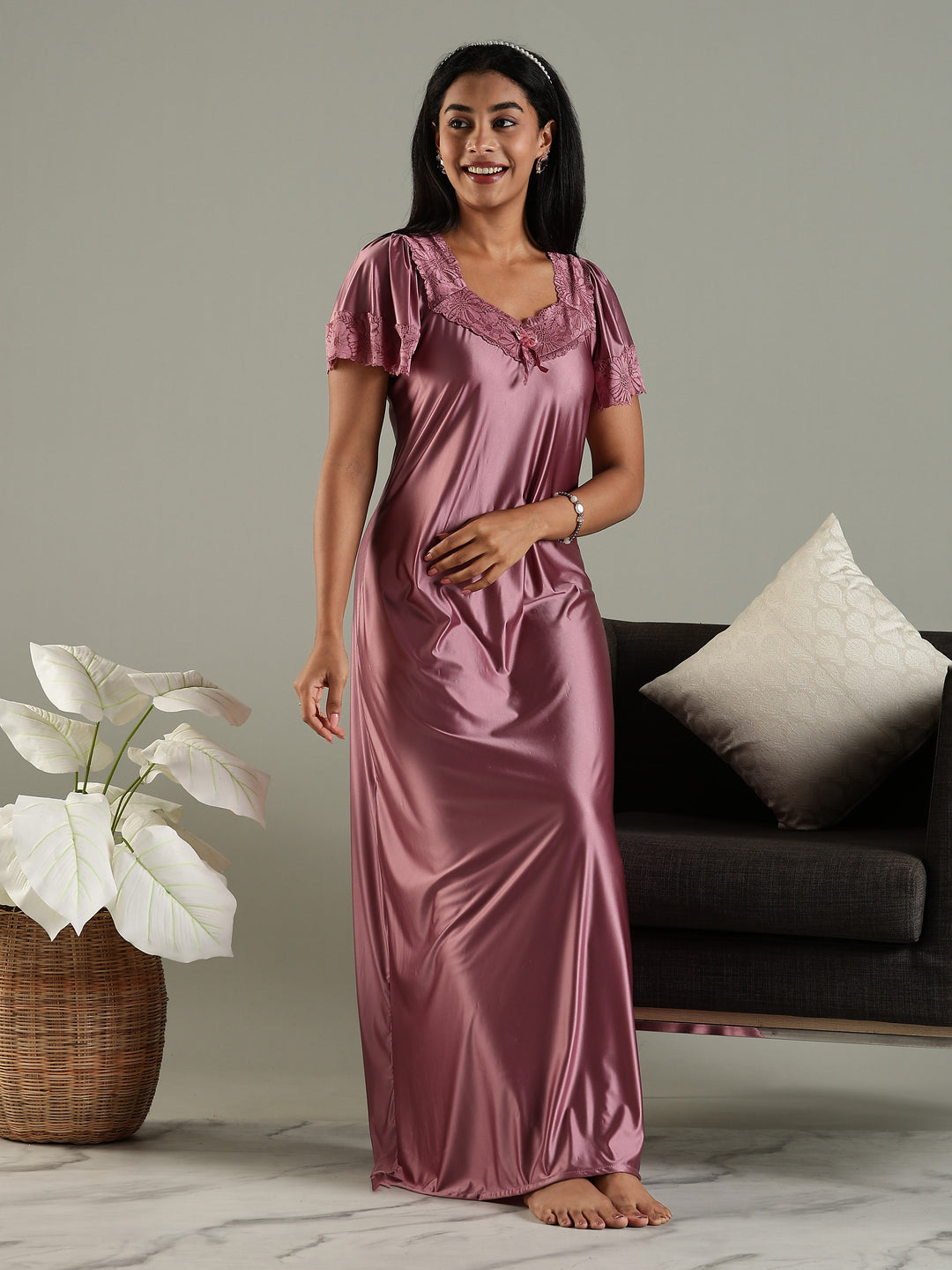 Dusty Rose Classy Satin Nighty for Women with Neckline