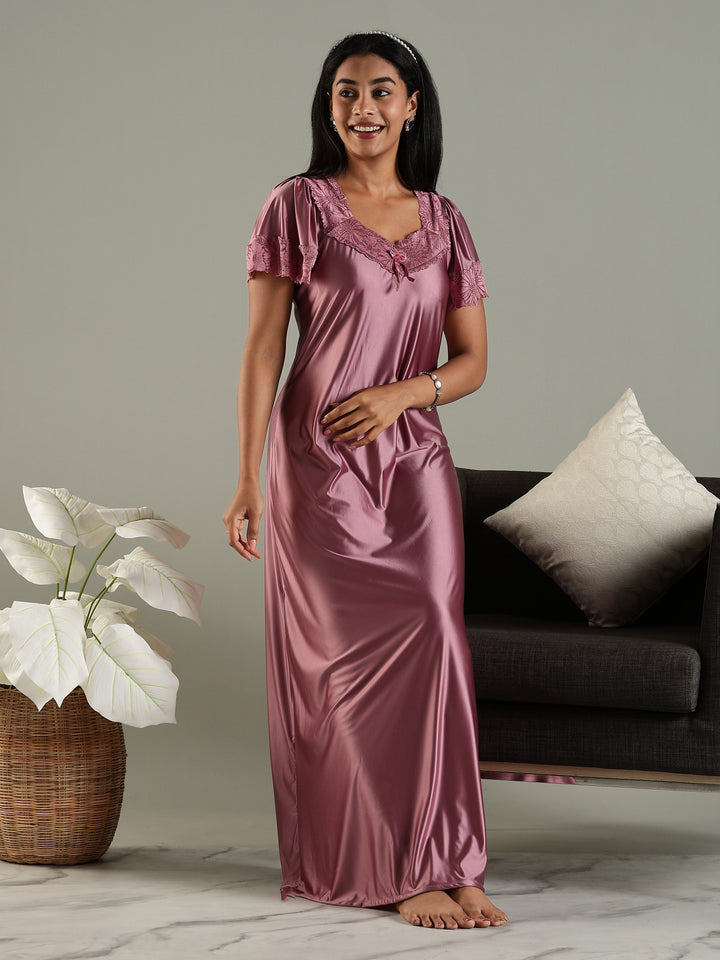 Dusty Rose Classy Satin Nighty for Women with Neckline