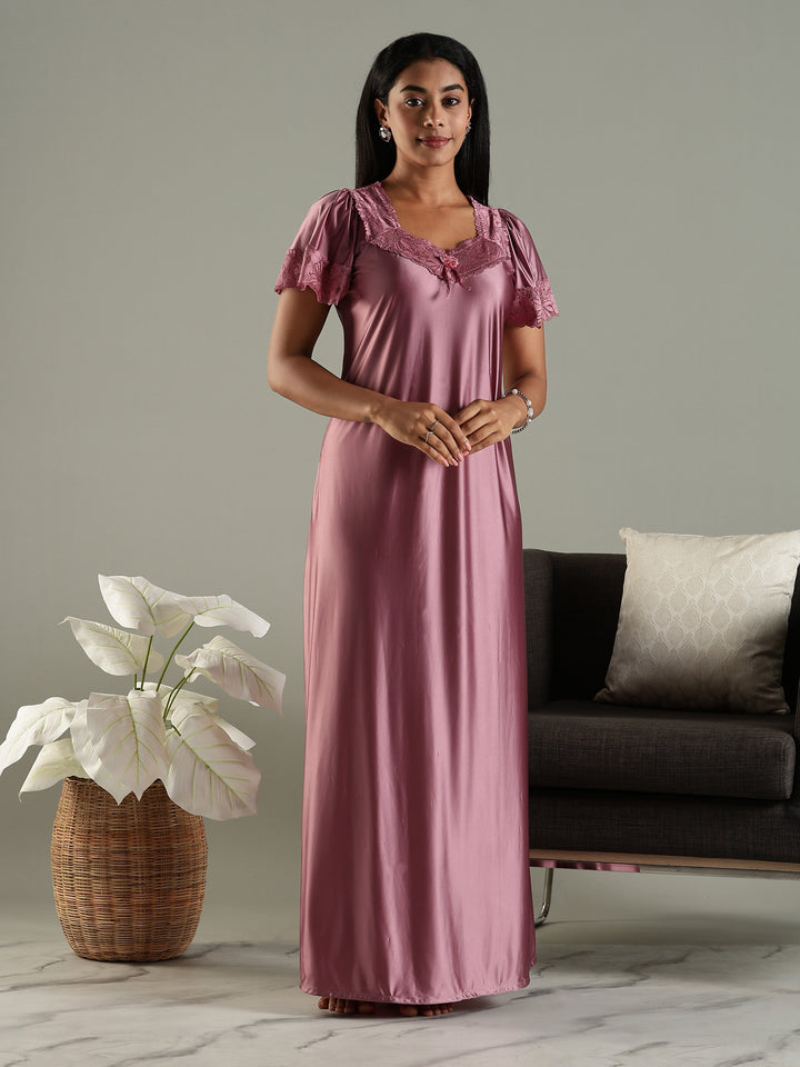 Dusty Rose Classy Satin Nighty for Women with Neckline