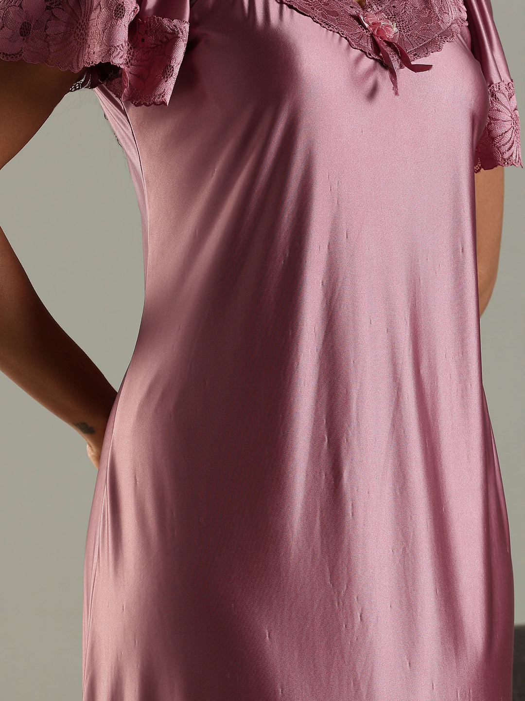 Dusty Rose Classy Satin Nighty for Women with Neckline