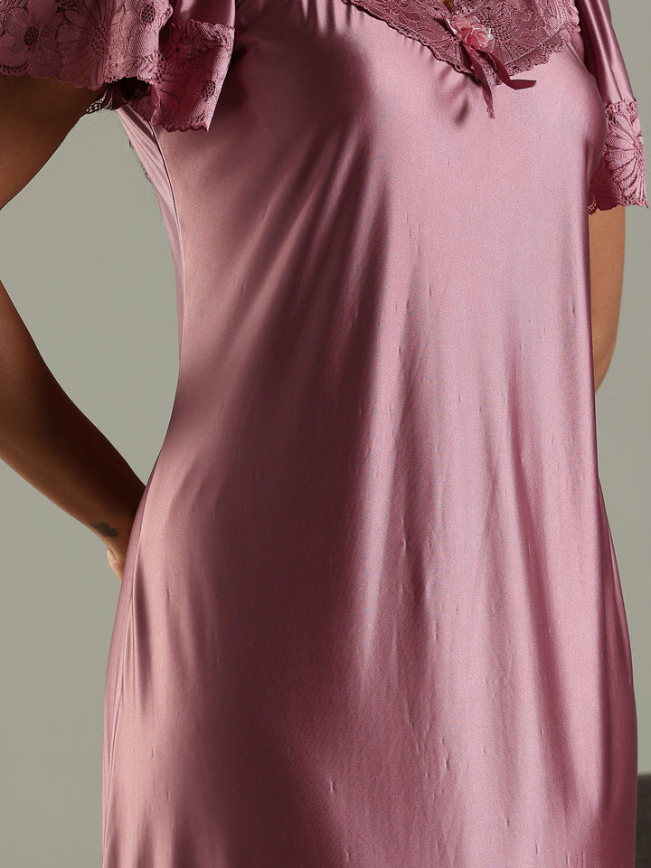 Dusty Rose Classy Satin Nighty for Women with Neckline