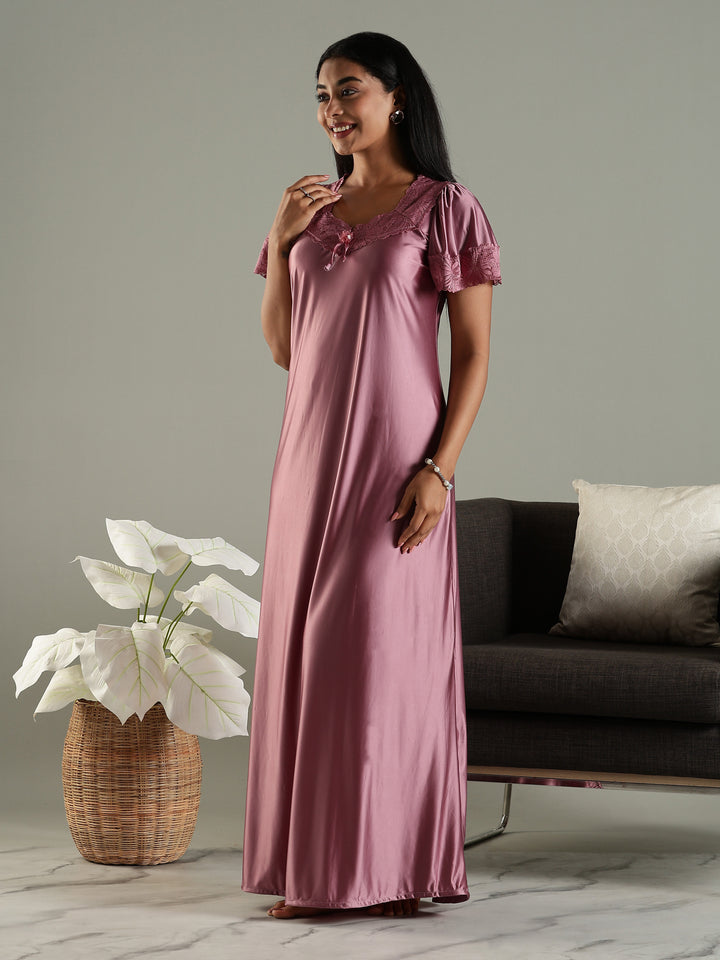 Dusty Rose Classy Satin Nighty for Women with Neckline