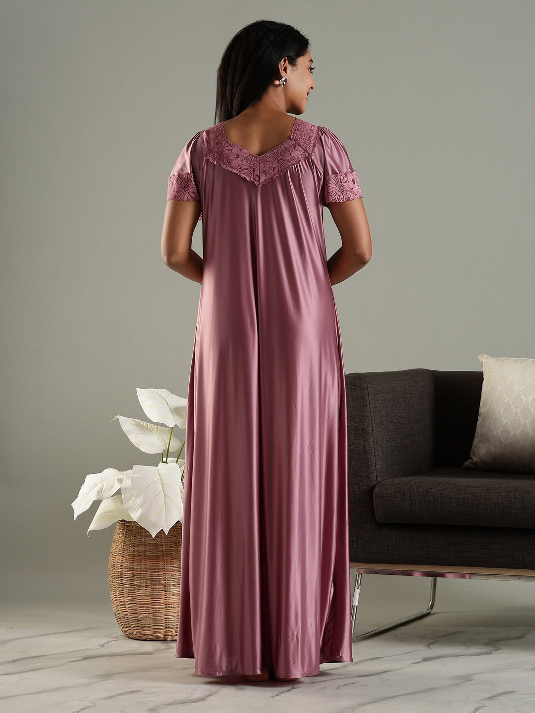 Dusty Rose Classy Satin Nighty for Women with Neckline