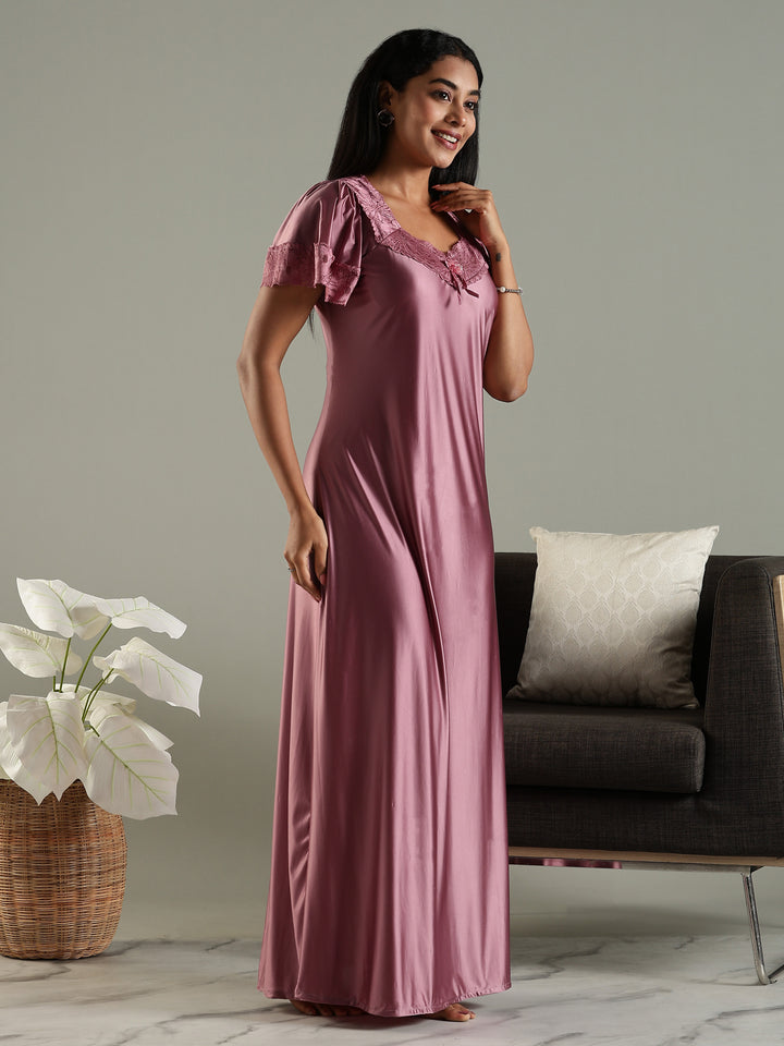 Dusty Rose Classy Satin Nighty for Women with Neckline