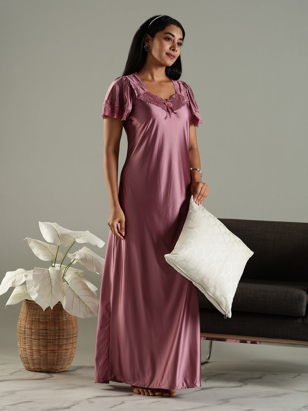 Dusty Rose Classy Satin Nighty for Women with Neckline