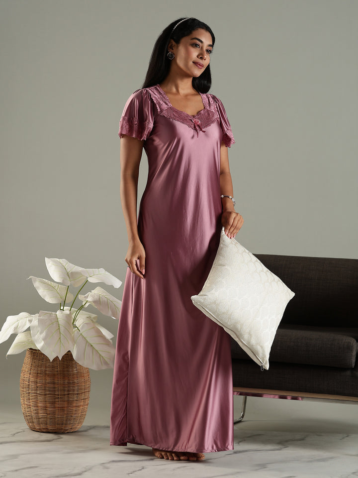Dusty Rose Classy Satin Nighty for Women with Neckline