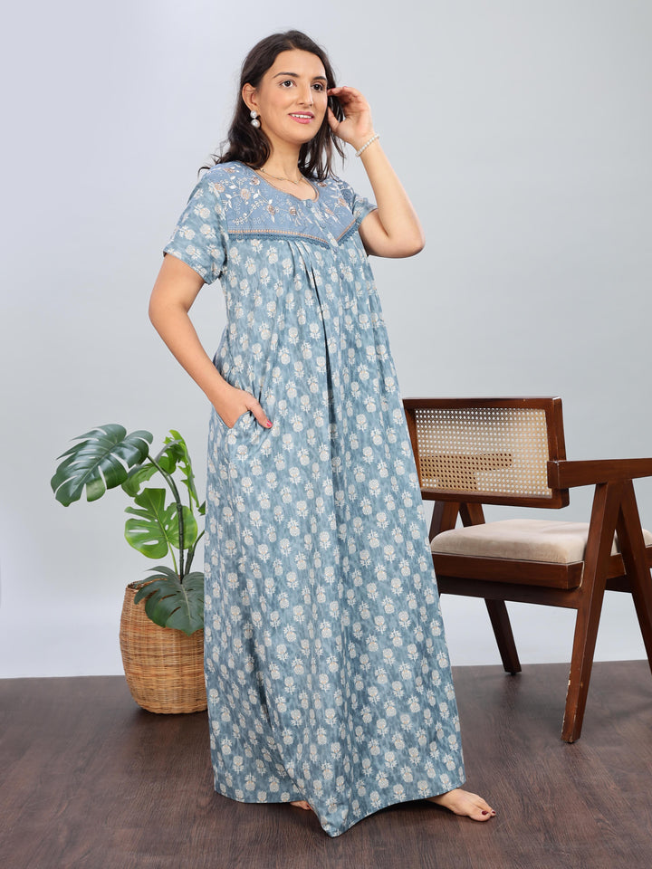 Embroidered Denim Blue Pure Cotton Nighty