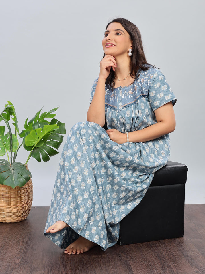 Embroidered Denim Blue Pure Cotton Nighty