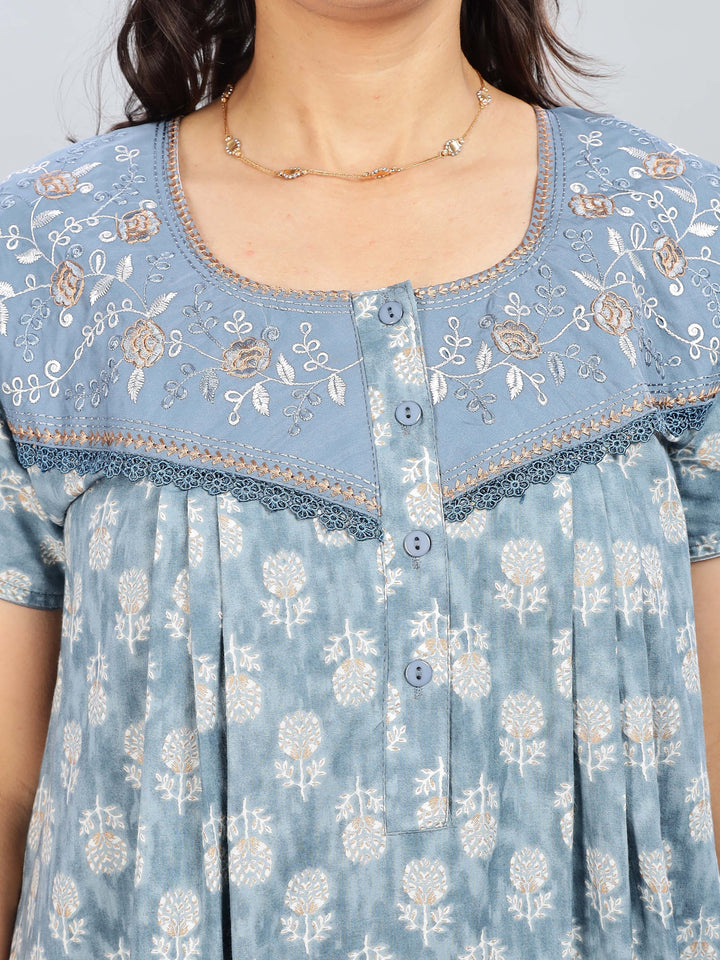Embroidered Denim Blue Pure Cotton Nighty