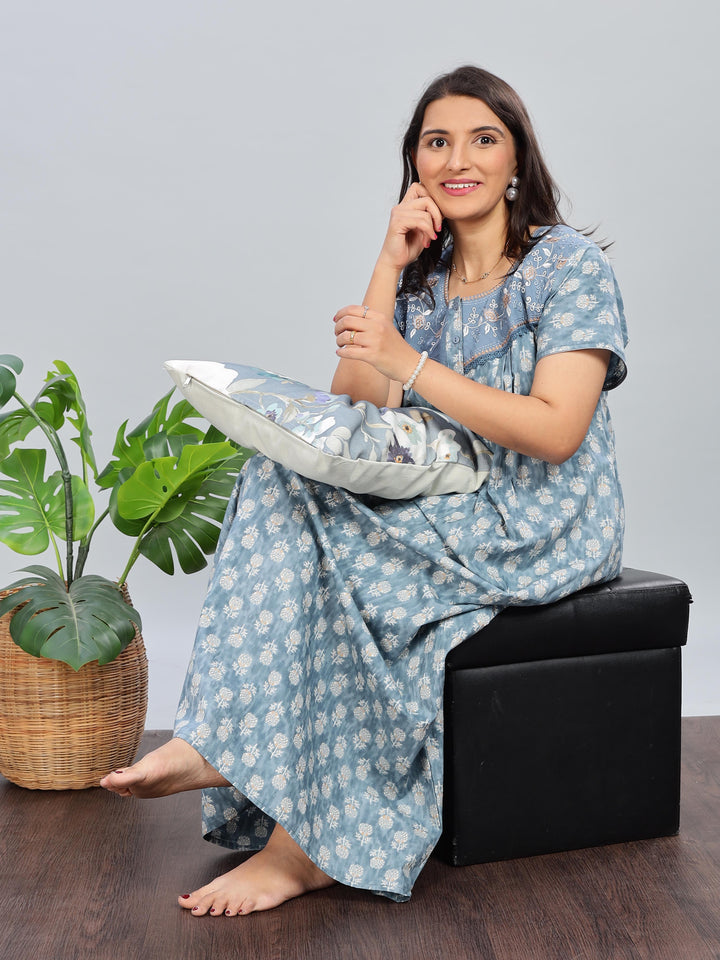 Embroidered Denim Blue Pure Cotton Nighty