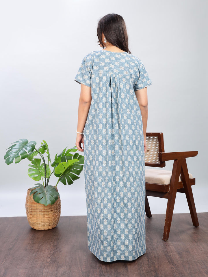 Embroidered Denim Blue Pure Cotton Nighty