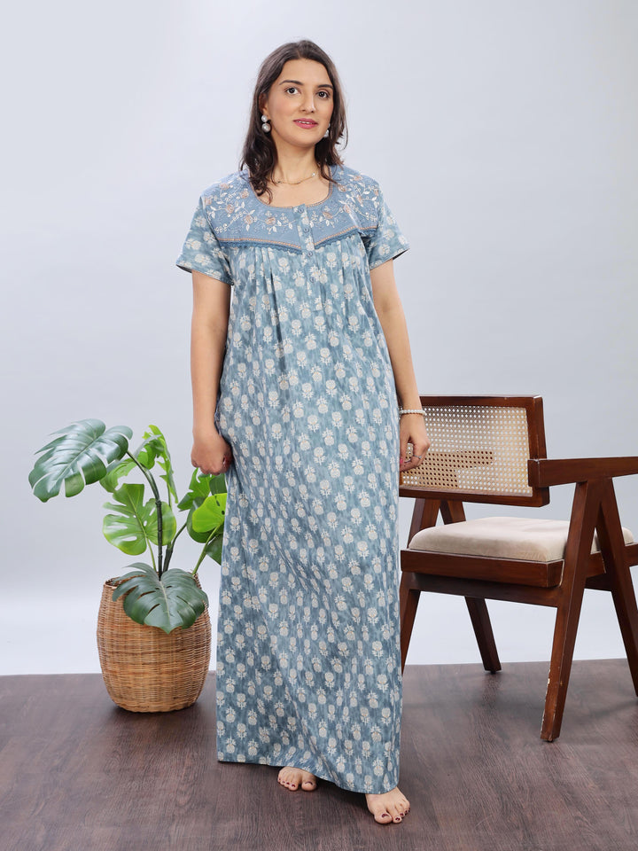 Embroidered Denim Blue Pure Cotton Nighty