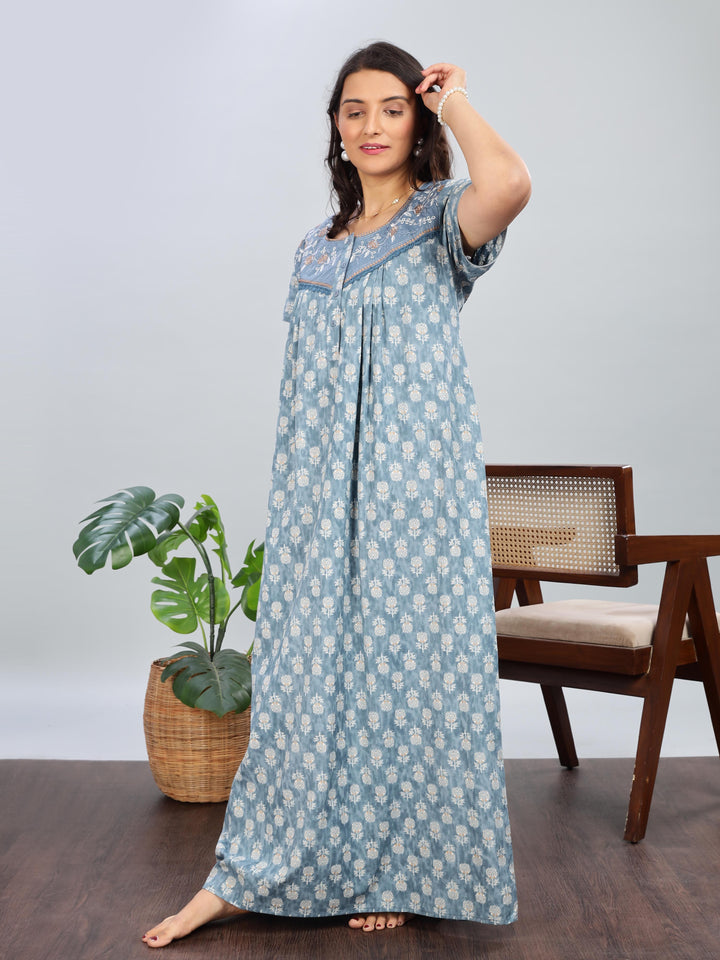 Embroidered Denim Blue Pure Cotton Nighty