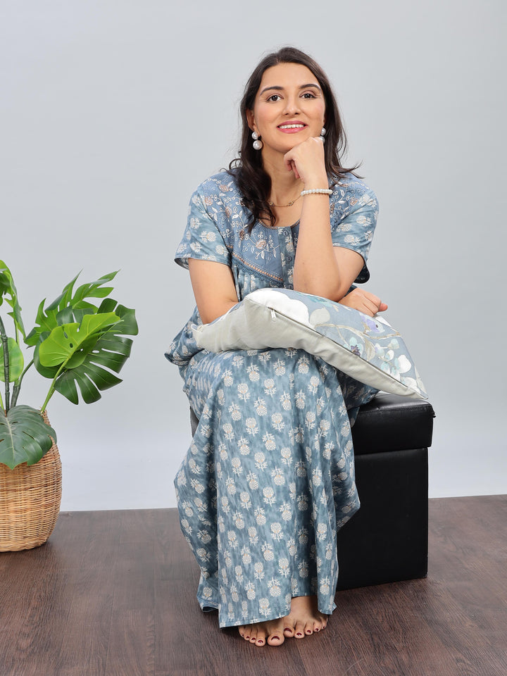 Embroidered Denim Blue Pure Cotton Nighty