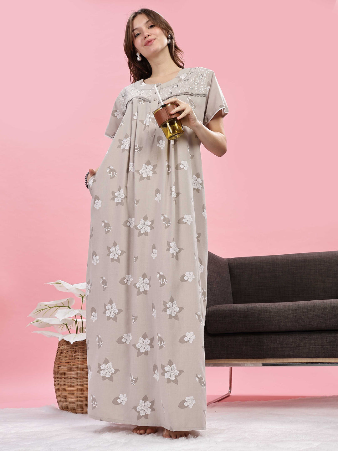 Beige Embroidered Yoke Premium Night Wear For Women
