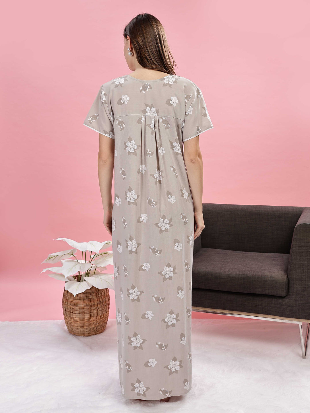 Beige Embroidered Yoke Premium Night Wear For Women 