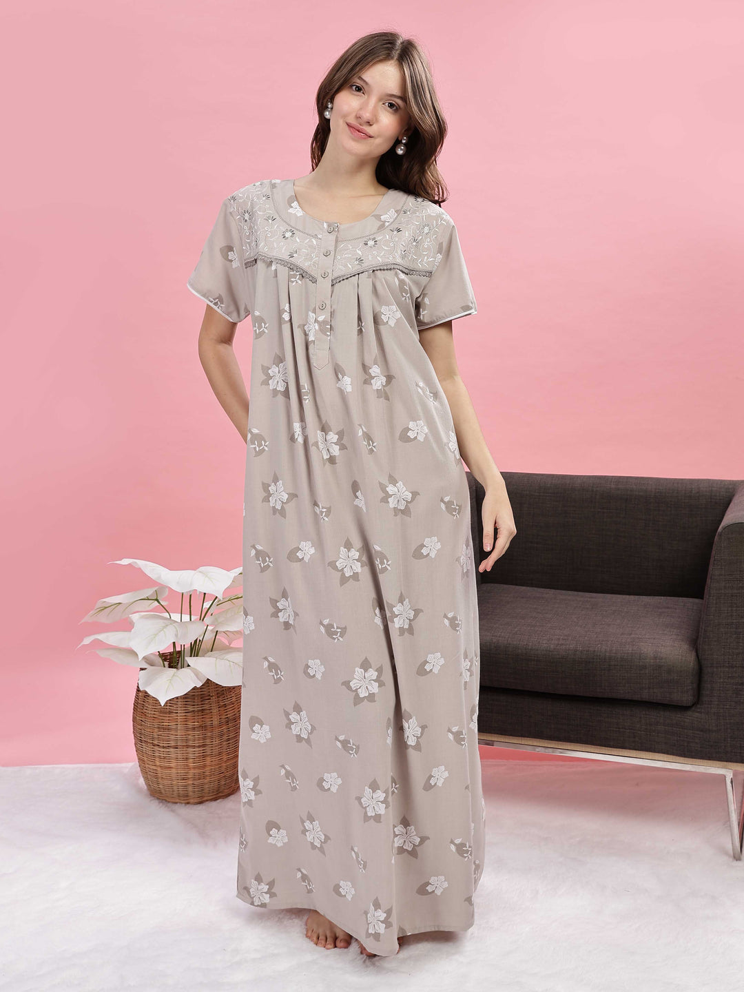 Beige Embroidered Yoke Premium Night Wear For Women 