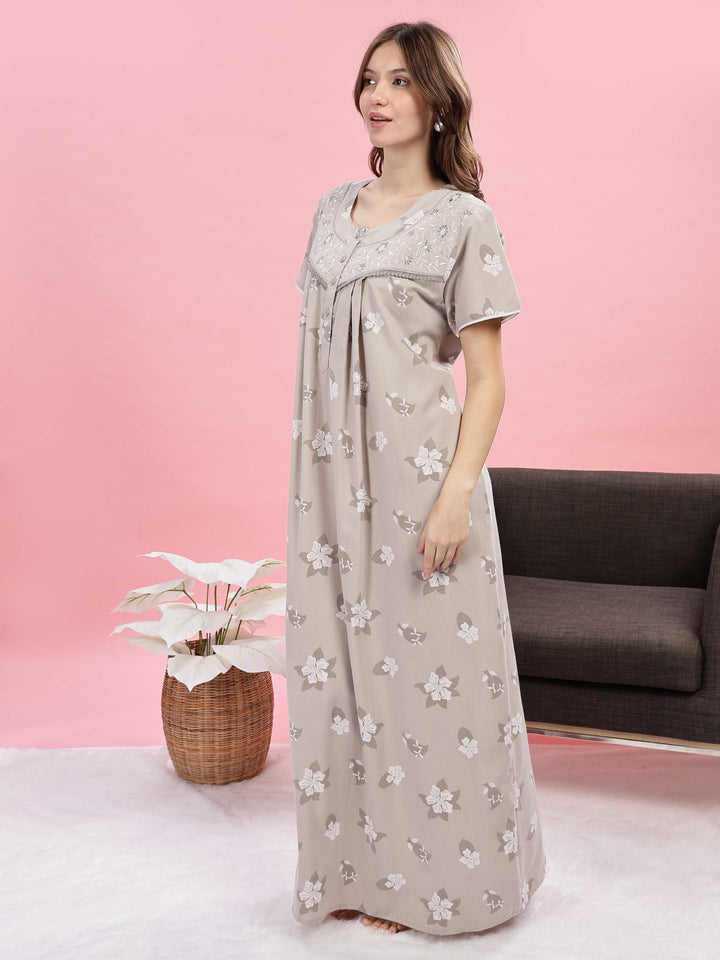 Beige Embroidered Yoke Premium Night Wear For Women 