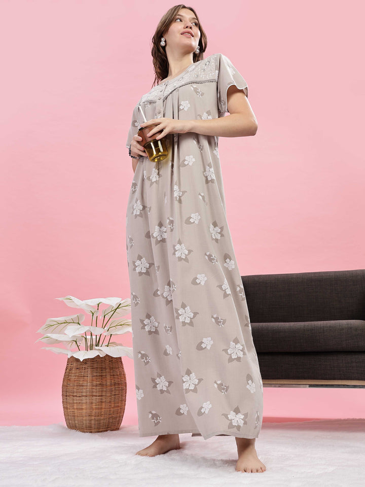 Beige Embroidered Yoke Premium Night Wear For Women 
