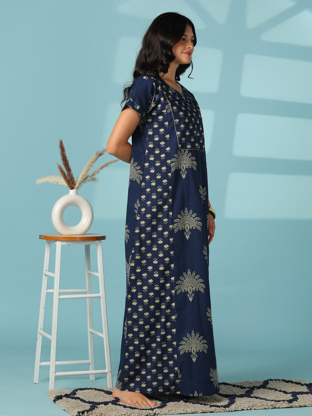 Elegant Pure Cotton Jaipuri Nighty with Relaxed A Line Fit