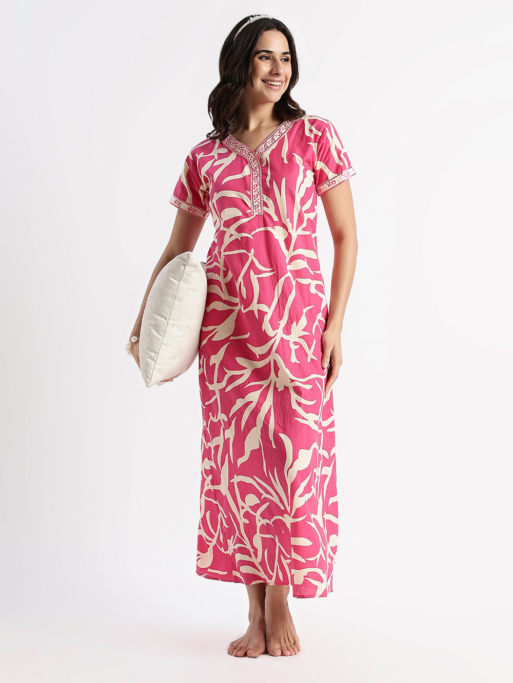 Flamingo Bloom Pure Cotton Leaf Print Nighty for Women