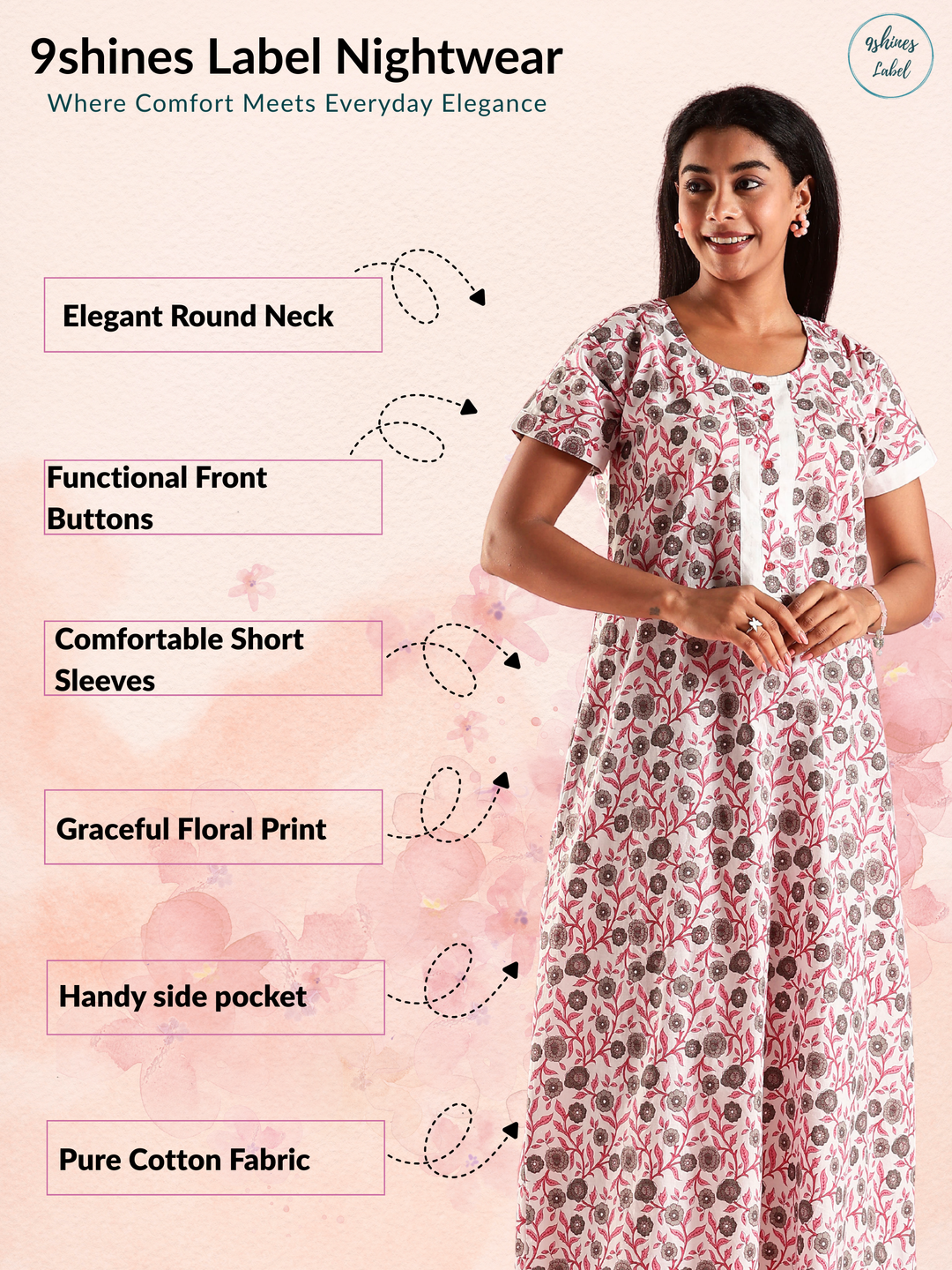 Floral Cream Decorative Front Cotton Nighty for Women