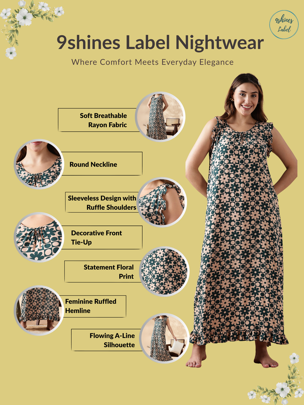 Forest Peach Floral Sleeveless Nighty for Women In Rayon