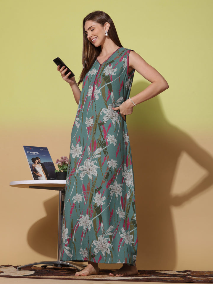 Floral Print Green Sleeveless Night Dress for Women