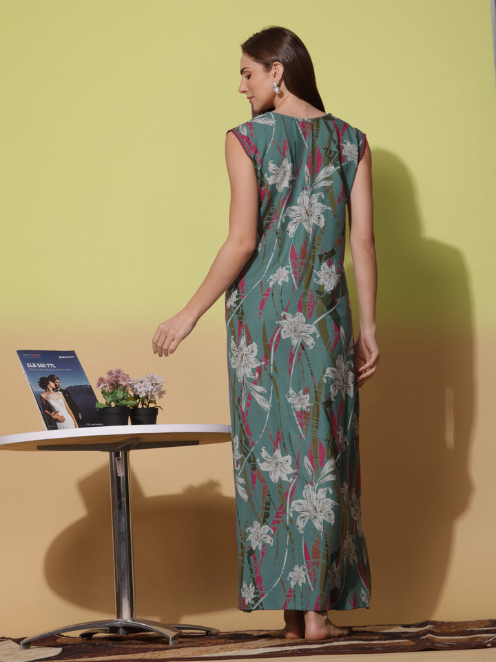 Floral Print Green Sleeveless Night Dress for Women