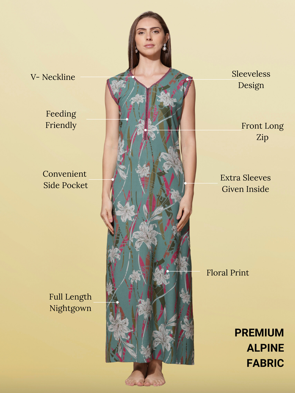 Floral Print Green Sleeveless Night Dress for Women