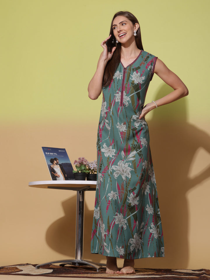 Floral Print Green Sleeveless Night Dress for Women