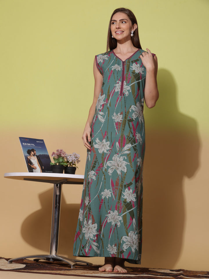 Floral Print Green Sleeveless Night Dress for Women