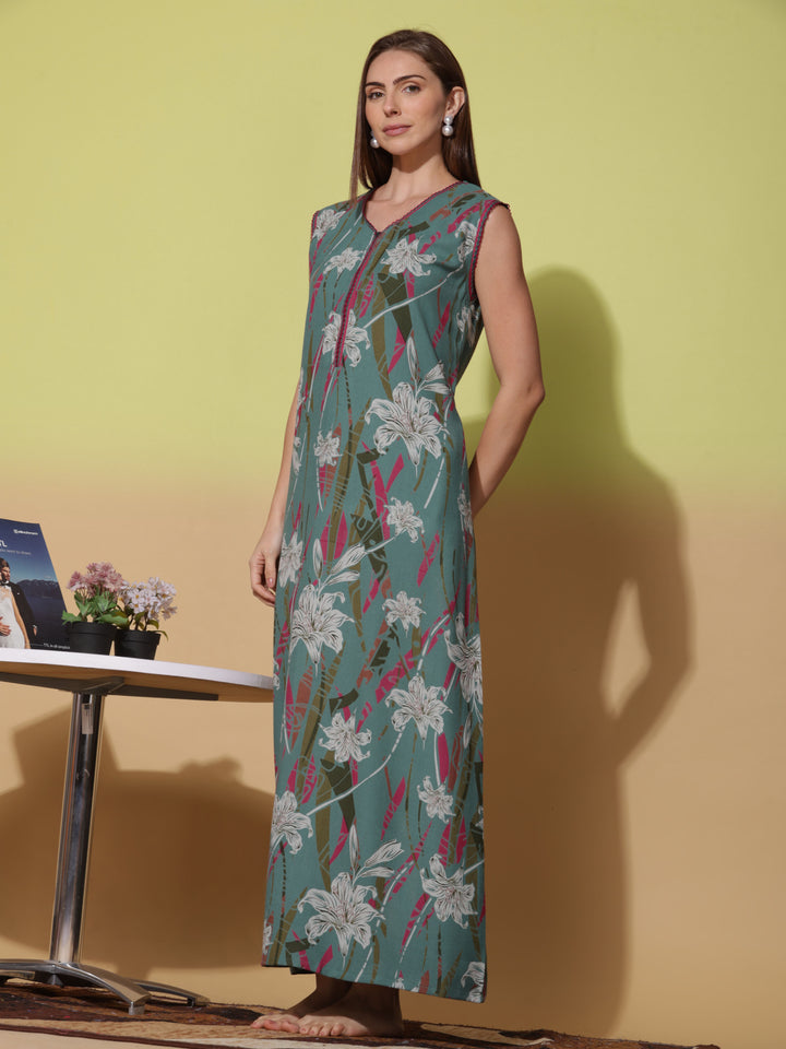 Floral Print Green Sleeveless Night Dress for Women