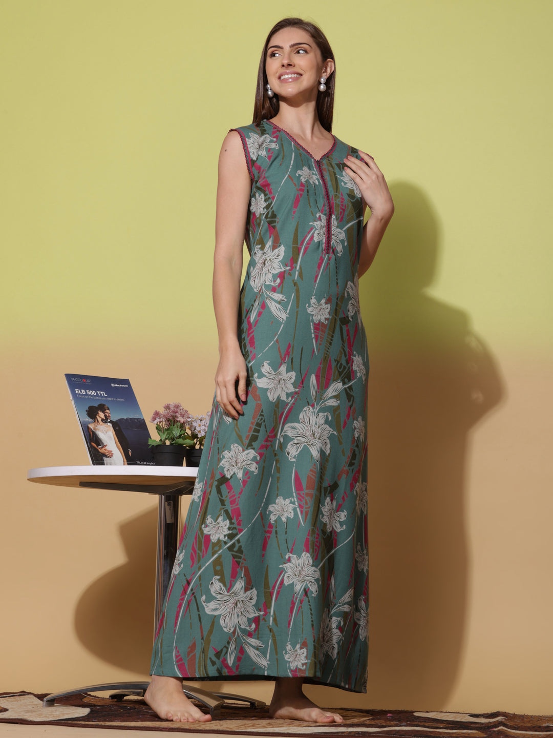 Floral Print Green Sleeveless Night Dress for Women