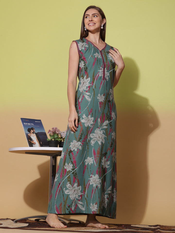 Floral Print Green Sleeveless Night Dress for Women
