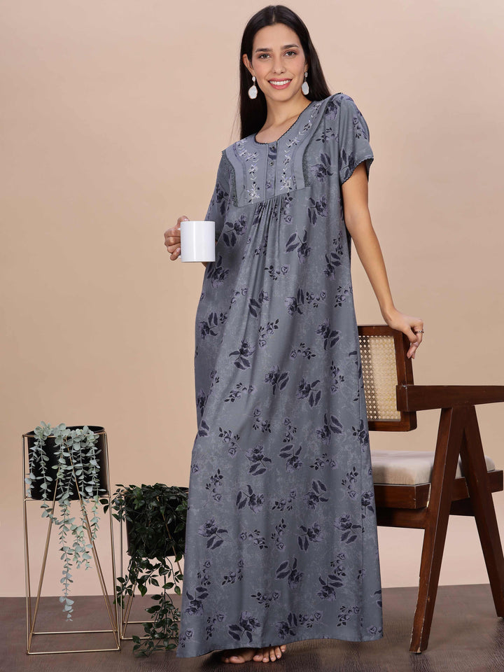 Floral Print Grey Alpine Nighty for Women