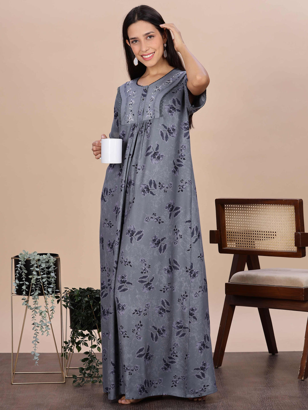 Floral Print Grey Alpine Nighty for Women