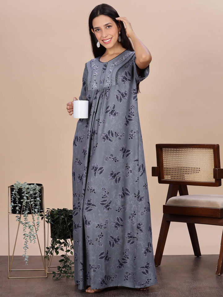 Floral Print Grey Alpine Nighty for Women