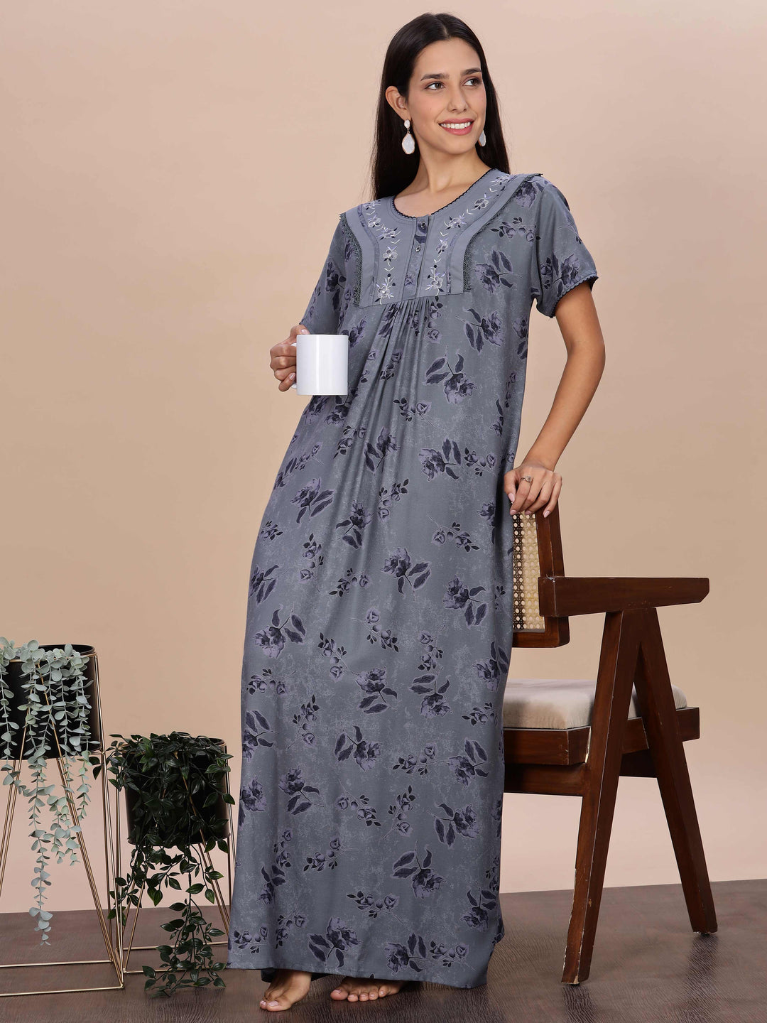 Floral Print Grey Alpine Nighty for Women